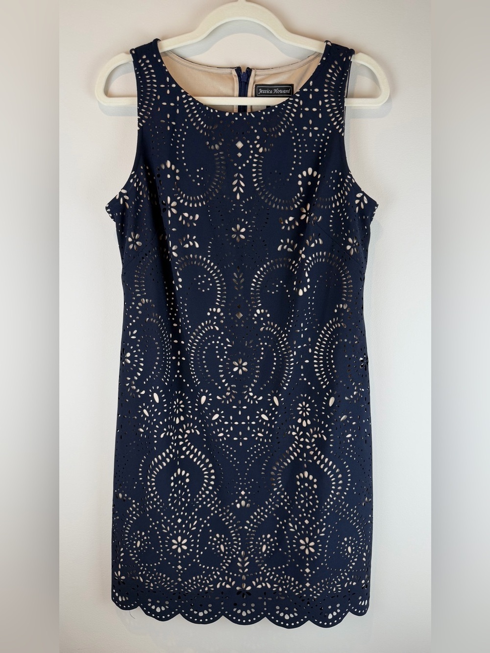 Jessica Howard Navy Laser-Cut Midi Sheath Dress with Nude Lining Size 10
